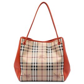 Tote Canterbury in tela rivestita e pelle di vitello con motivo Haymarket Check beige di Burberry, misura Small