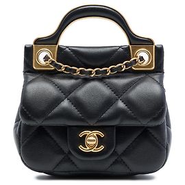 Porta-cartões Chanel Black CC em couro de vitelo matelassê Lady com bolsa de alça superior com corrente