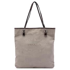 Tote in tela canapa marrone con logo Prada