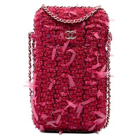 Suporte para telemóvel com corrente em tweed rosa Chanel