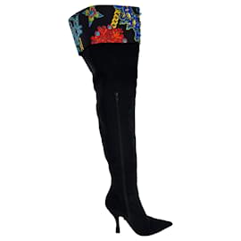 Versace Over Knee Stiefel mit Kristallen aus schwarzer Baumwolle