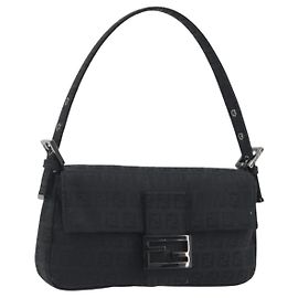 FENDI Zucchino Canvas Mamma Baguette Shoulder Bag Black 8BR000 Auth yk20682SAM