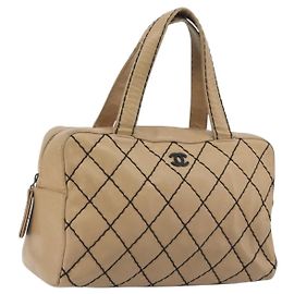 CHANEL Wild Stitch Hand Bag Leather Perfo Beige Gold CC Auth mr2706