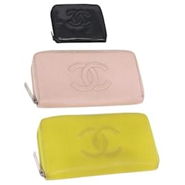 Portafoglio CHANEL Pelle Caviar 3 Set Nero Rosa Giallo CC Autentico bs36349