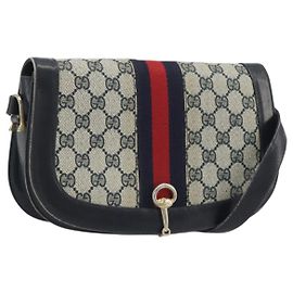 Bolso de Hombro GUCCI GG Supreme Sherry Line PVC Azul Marino Oro Auth 191082