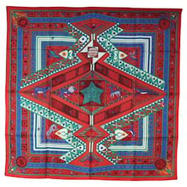 Hermès HERMES Carré 90 Foulard « HORS BLEUS D'AFRIQUE » Seta Rosso Auth am12076M