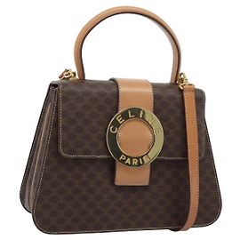 Céline CELINE Borsa a mano circolare in tela Macadam PVC Pelle 2way Marrone Oro Auth BSZ648V