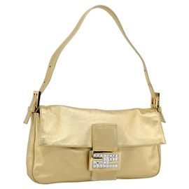 FENDI Borsa a Spalla Mamma Baguette in Pelle con Strass Tonalità Oro Auth yk20666SAM