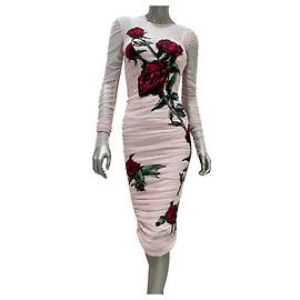Dolce & Gabbana Abendkleid aus gerafftem Tüll mit Rosen-Applikation Gr. 38 Gebraucht