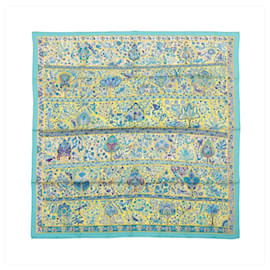 Foulard in seta Hermès Carré 90 "Au Pays des Oiseaux Fleurs" blu