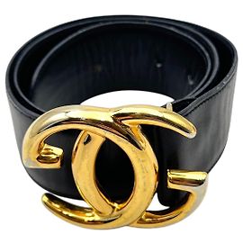 Gucci Vintage schwarzes Leder mit goldener Metallschließe GG Logo Größe