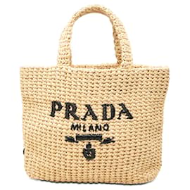 Tote Prada Beige Small Raffia Effect Crochet Embroidered Logo