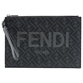 Pochette piatta Fendi Gray Zucca in tela rivestita FF 1974 Diagonal Logo
