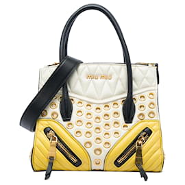 Miu Miu Borsa Satchel Biker in Nappa tricolore bianco con occhielli Small