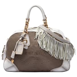 Borsa Bauletto Prada in tela Canapa marrone con bordi in pelle e logo con frange