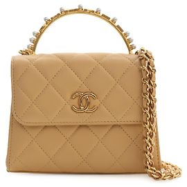 Chanel Beige CC Quilted Lambskin Faux Pearl Top Handle Flap