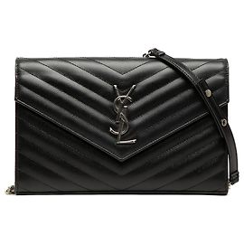 Saint Laurent Black Grain De Poudre Chevron Cassandre Umschlag-Kettenportemonnaie