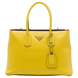 Prada Borsa Double Tote in Pelle Saffiano Gialla
