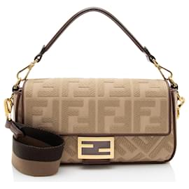 Borsa a Spalla Baguette in Tela Ricamata FF Fendi