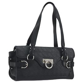 Borsa a Spalla Salvatore Ferragamo Gancini in Pelle Nera Argento Autentica 193966A