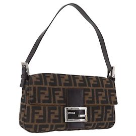 FENDI Zucca Canvas Mamma Baguette Shoulder Bag Marrón Plata Auth BA14206SAV