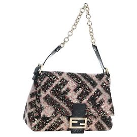 Borsa FENDI Chain Mamma Baguette in lana e paillettes con smalto Nero Rosa Autentica am12104SM