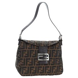 FENDI Zucca Canvas Mamma Baguette Bolsa de Ombro Marrom Preto Auth 192220V