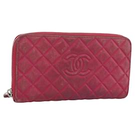 CHANEL Cartera Larga Matelassé Piel de Cordero Rosa Plata CC Auth 193166 - Chanel
