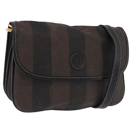 Borsa a Spalla FENDI Pecan Canvas PVC Nero Marrone Auth kk691