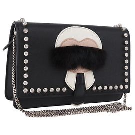 FENDI Karito Chain Shoulder Wallet Pelle Nero Argento 8M0346 Auth ka5424V