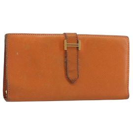 Hermès HERMES Bearn Dupri Long Wallet Leather Orange Gold Auth 193167