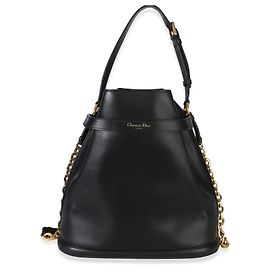 Borsa bucket grande Christian Dior in pelle di vitello nera con stampa CD e catena C'est