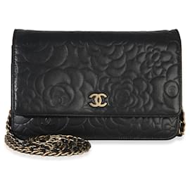 Portafoglio con catena in agnello nero con camelia Chanel