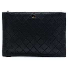 Chanel Black Large Quilted Stitched Calfskin Zip Pouch