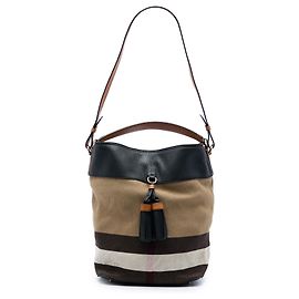 Burberry Ashby Bucket Bag aus braunem Mega Check Canvas und genarbtem Kalbsleder, Größe Medium
