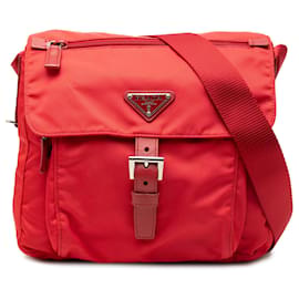 Borsa Messenger Prada Red Saffiano Trimmed Tessuto Zip Buckle