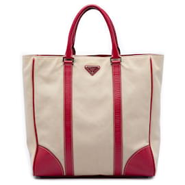 Tote in tela con bordi in Saffiano beige di Prada