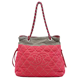 Tote Chanel Red CC Quilted Denim Grosgrain Drawstring