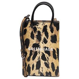 Balenciaga Porta-telefono shopping Mini con stampa leopardata marrone e logo