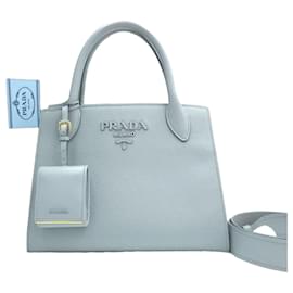 Piccola borsa tote e a tracolla in pelle Saffiano monocromatica Sky Blue - Prada