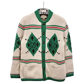 Unbenutzter Elfenbein-Grün Alpaka-Jacquard-Cardigan - Gucci