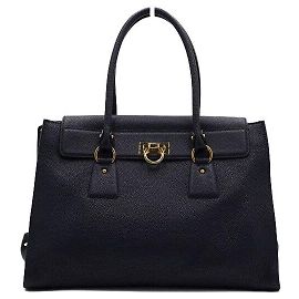 Salvatore Ferragamo Borsa Tote Lotti grande in pelle blu navy con patta Gancini