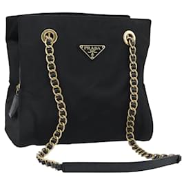 Borsa a Spalla con Catena PRADA Nylon Nero Oro Auth 190360A