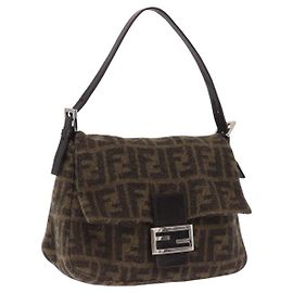 FENDI Zucca Mamma Baguette Shoulder Bag Wool Brown Silver Auth yk20677SAM
