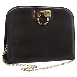 Borsa a catena Gancini Salvatore Ferragamo in pelle marrone scuro oro Auth 194570A