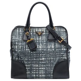 Borsa Tote Lux in Tweed con bordi in Saffiano nero Prada