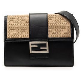 Borsa a tracolla Fendi Black Calfskin and Canvas FF 1974 Flat Baguette