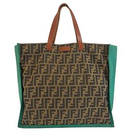 FENDI Zucca Brown Green Canvas Leather Tote Bag Handbag