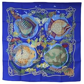Hermès Sciarpa HERMES Carre 90 in seta blu « Grands Fonds» Autentica 190368M
