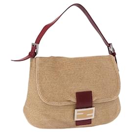 Borsa a tracolla FENDI Mamma Baguette Paglia Beige Argento Autentica yk20673SAV